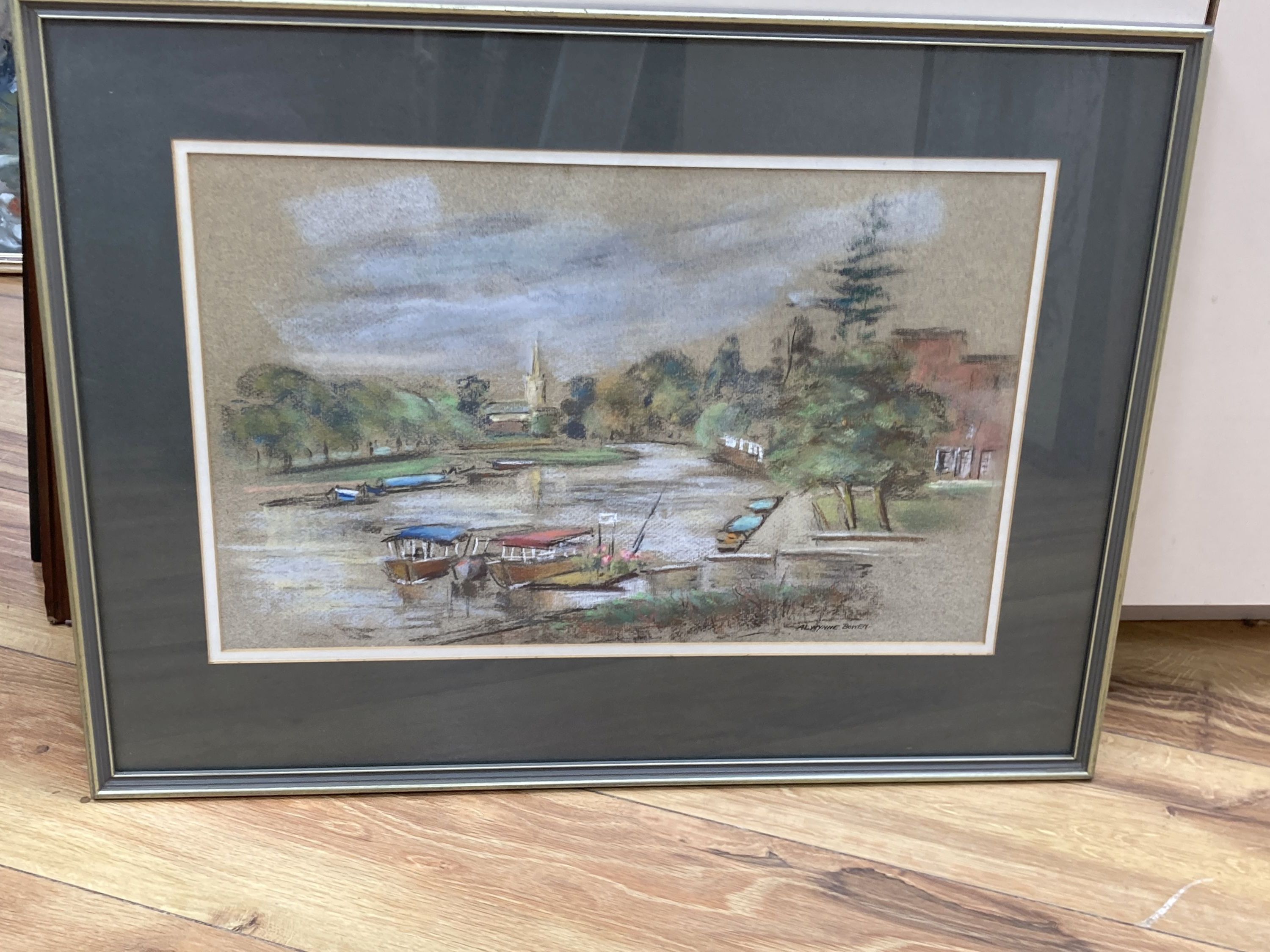 Alwynne Bowen, pastel, Holy Trinity Church from the River Avon, Stratford, signed, 26 x 41cm